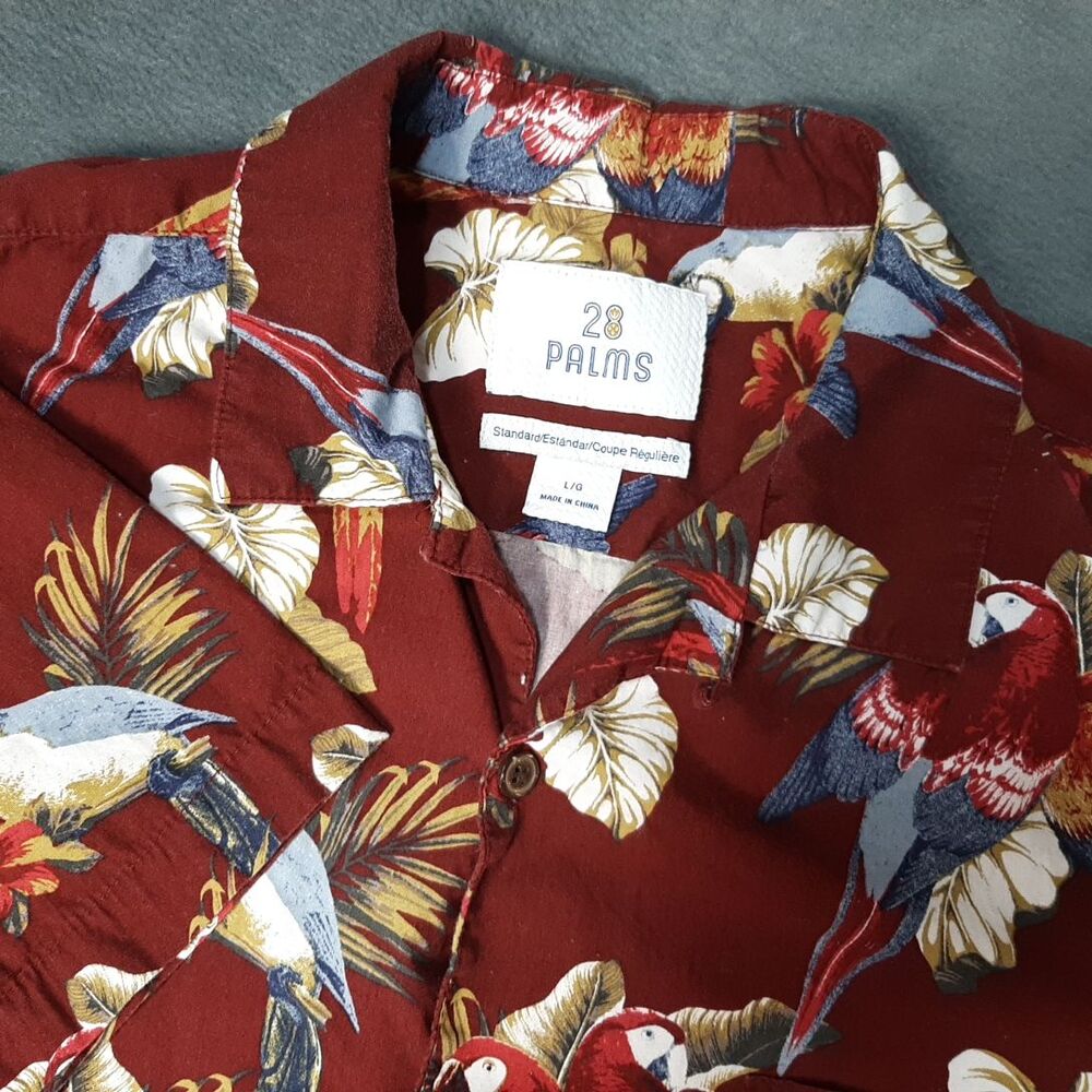 28 Palms Shirt Mens Large Red Hawaiian Parrot Macaw Floral Aloha Tropical Beach